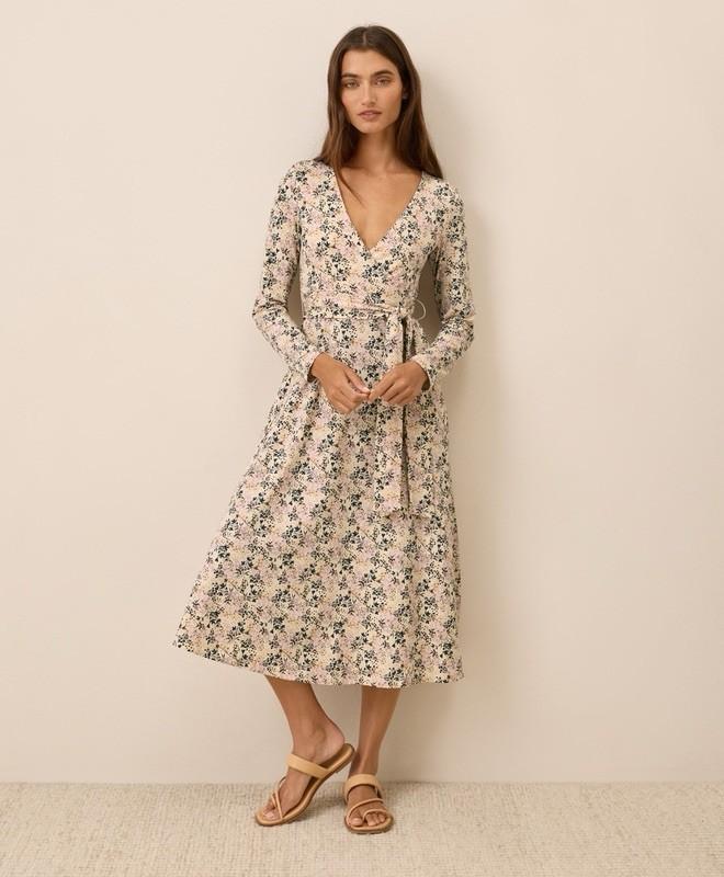 Pact Fit And Flare Wrap Dress W13 $128 MSRP Bouquet Blooms Sandshell M