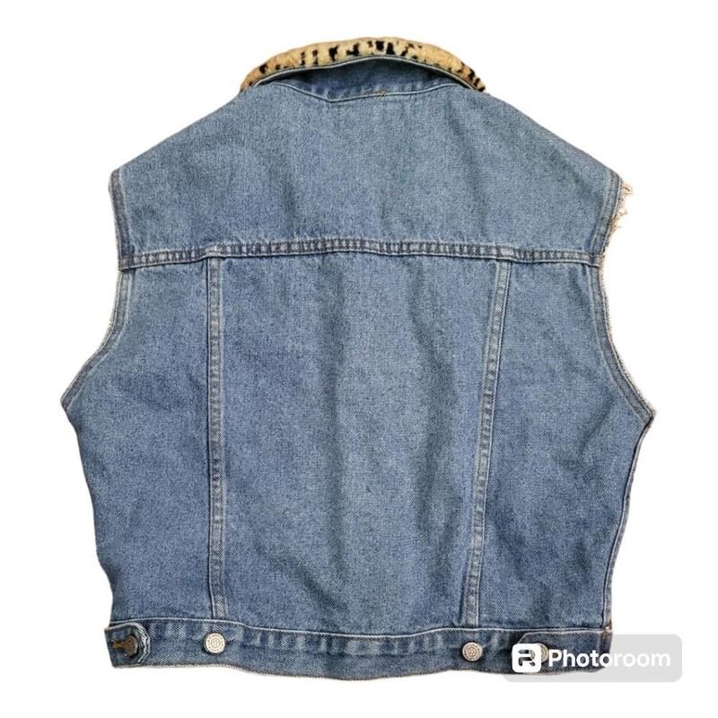 Painted Pony Womens Vintage Denim Vest With Faux Fur Collar Size S