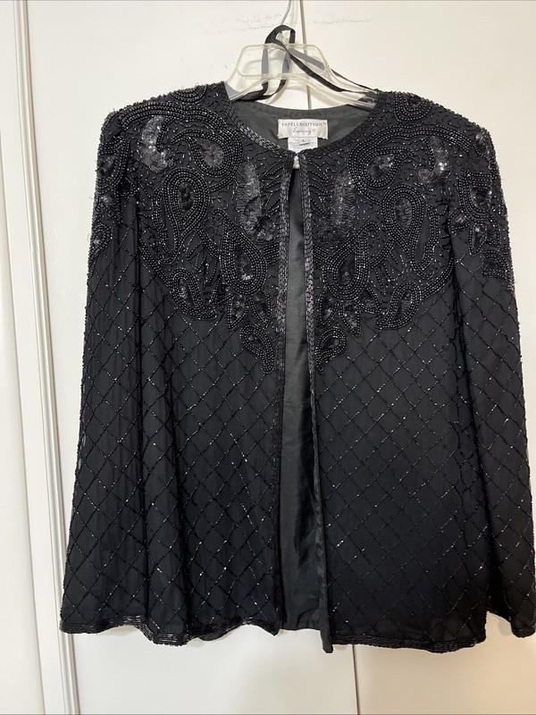 Papell Boutique Evening Womens Beaded Embroidered Jacket Size L Black Cocktail