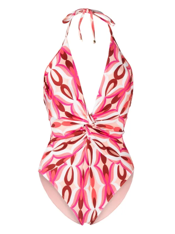 PatBO Twist Halter-Neck Plunge One-Piece Swimsuit sz XS pink