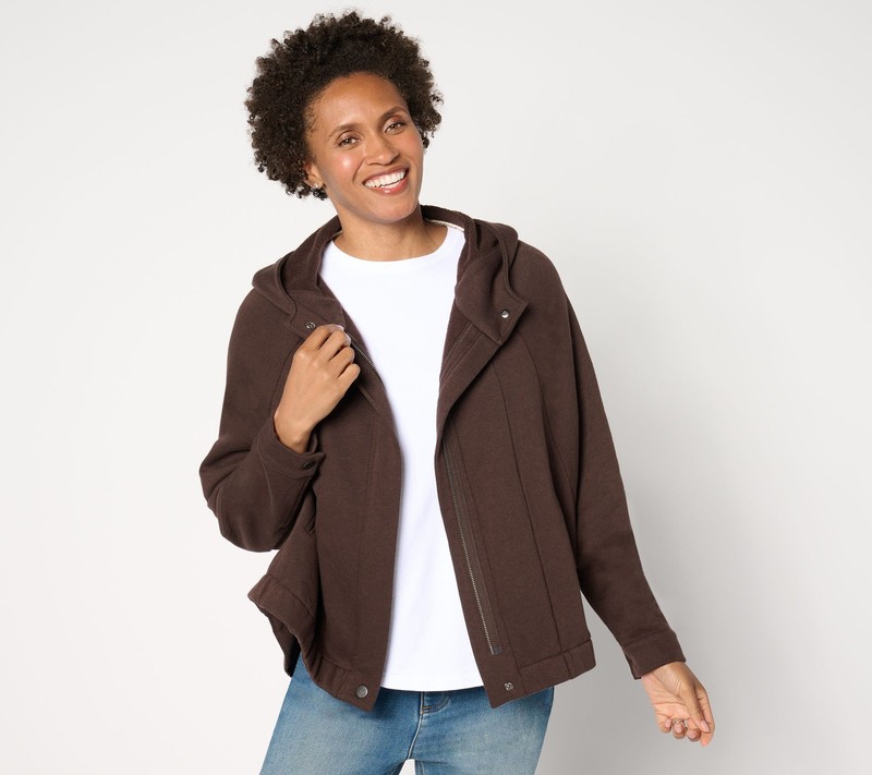 Peace Love World Women's Top Sz M French Terry Zip-Front Hooded Brown A663383