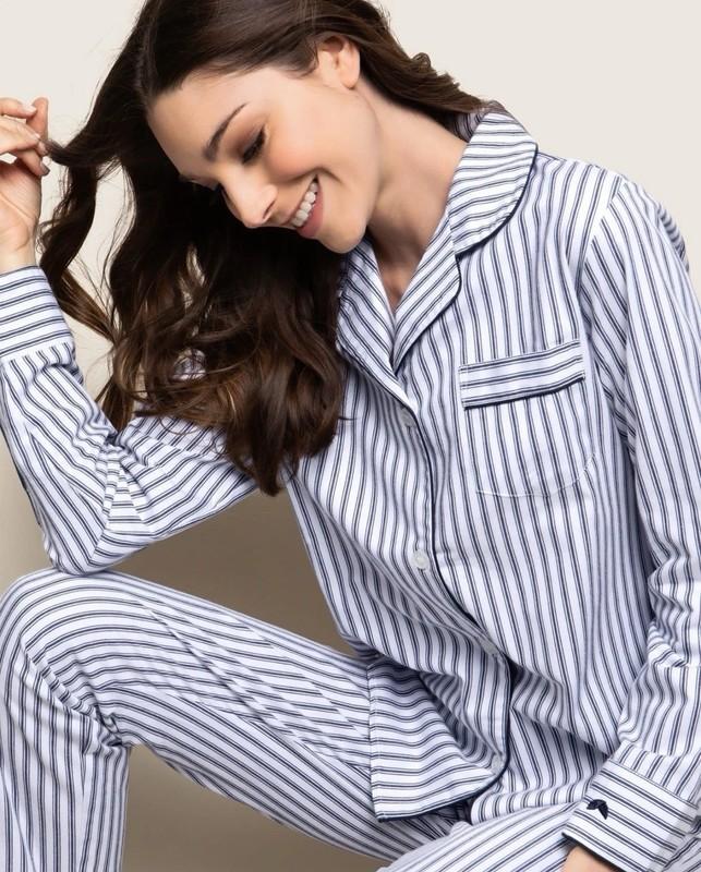Petite Plume Women's Twill Pajama Set In Navy French Ticking NWT Small MSRP $94