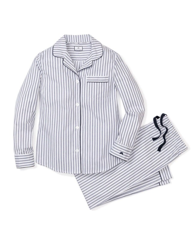 Petite Plume Women's Twill Pajama Set In Navy French Ticking NWT Small MSRP $94