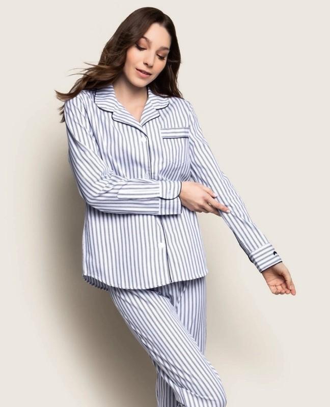 Petite Plume Women's Twill Pajama Set in Navy French Ticking NWT Small MSRP $94