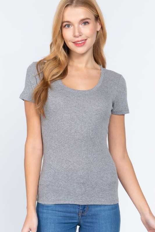 Petite Women's Round Neck Short Sleeve Ribbed Top Basic Fitted Soft T-Shirt