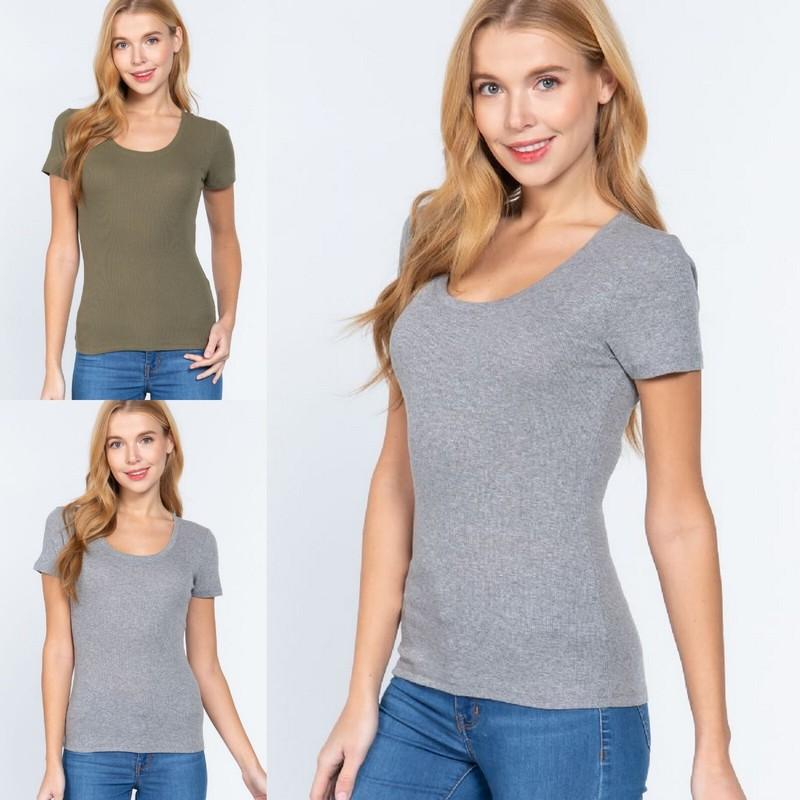 Petite Women's Round Neck Short Sleeve Ribbed Top Basic Fitted Soft T-Shirt