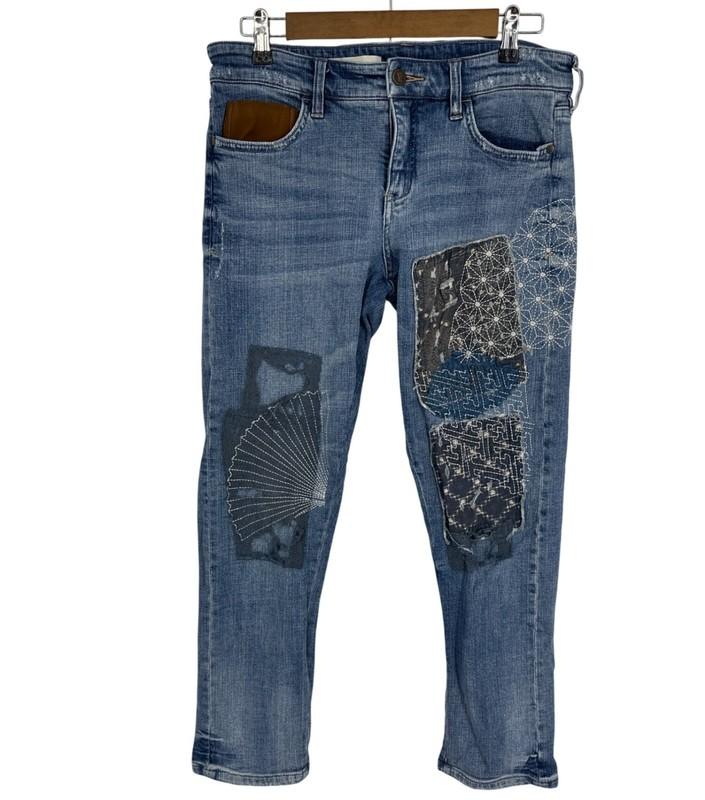 Pilcro Hyphen Mid-Rise Distressed Patchwork Boyfriend Jeans Women's Size 32