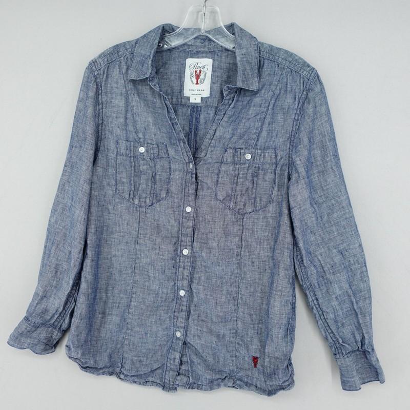 PINCH Cole Haan Linen Chambray Button Up Shirt Womens S Blue Long Sleeve Lobster