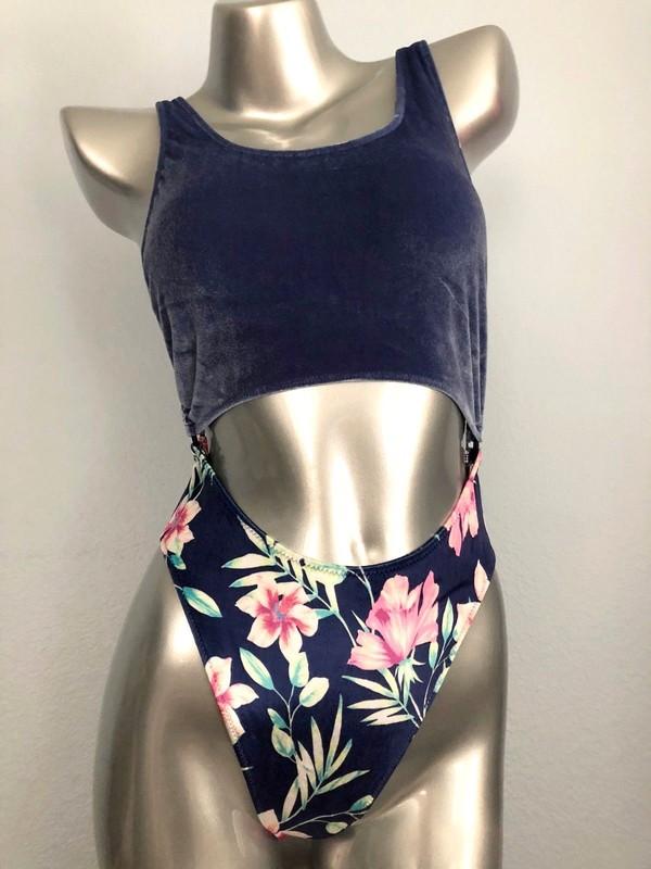 PINK Victorias Secret New Blue Floral Velvet One Piece Cut Out Swim Suit M