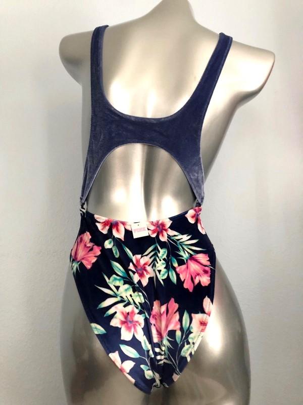 PINK Victorias Secret New Blue Floral Velvet One Piece Cut Out Swim Suit M