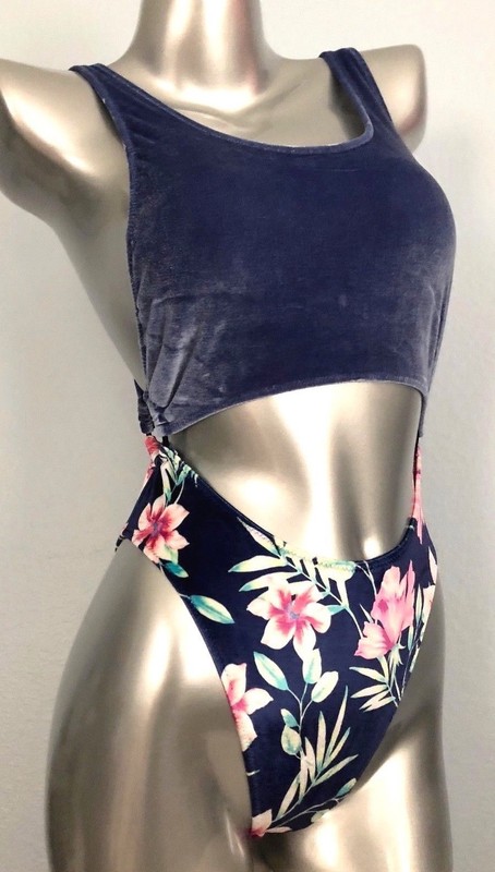 PINK Victorias Secret New Blue Floral Velvet One Piece Cut Out Swim Suit M