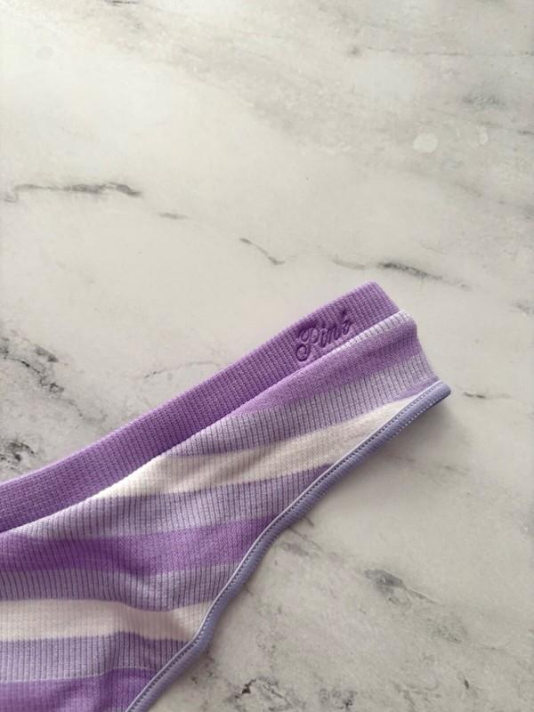 PINK Victorias Secret Thong Panty Nwt Purple White Stripe Ribbed High Leg