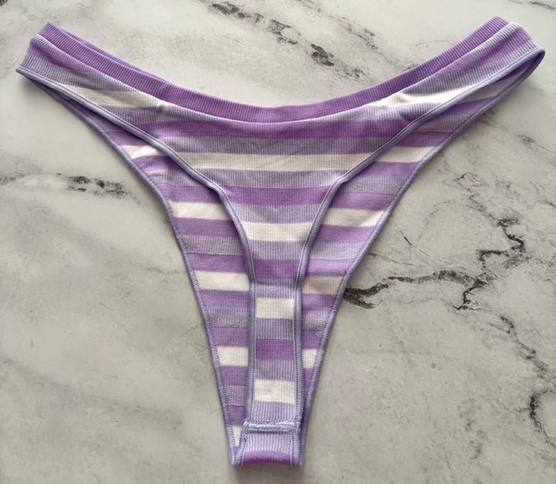 PINK Victorias Secret Thong Panty Nwt Purple White Stripe Ribbed High Leg