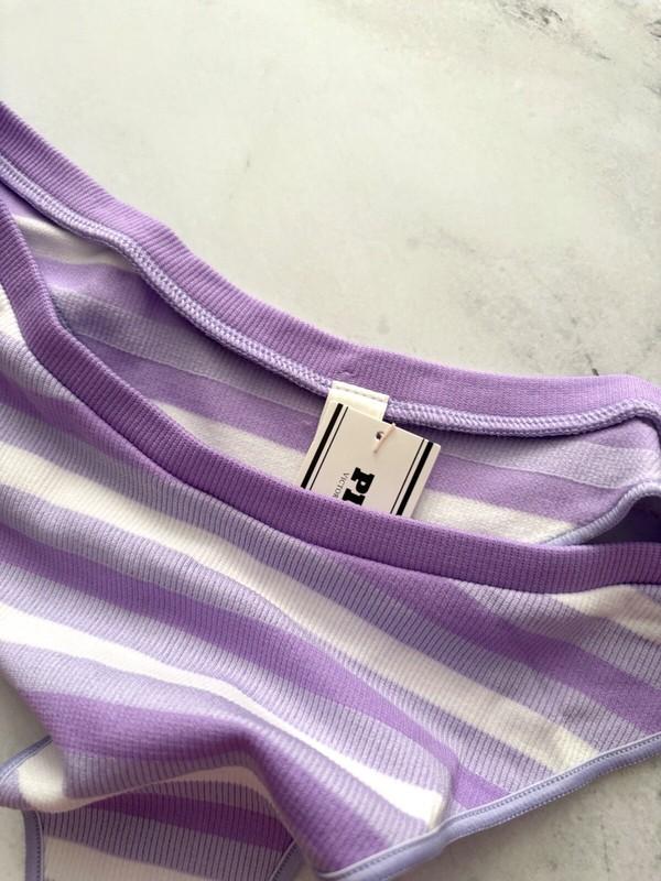 PINK Victorias Secret Thong Panty Nwt Purple White Stripe Ribbed High Leg