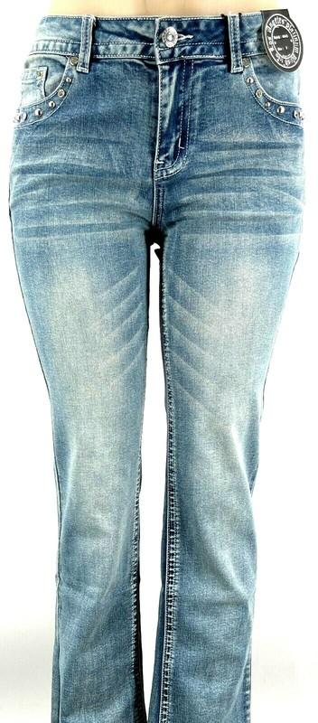 PLATINUM PLUSH LADIES RHINESTONE BLUE DENIM CROSS PISTOLS JEANS STYLE # 4045