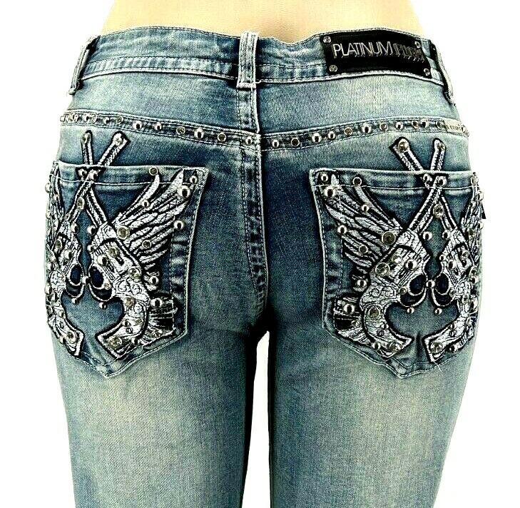 PLATINUM PLUSH LADIES RHINESTONE BLUE DENIM CROSS PISTOLS JEANS STYLE # 4045