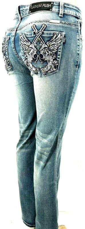PLATINUM PLUSH LADIES RHINESTONE BLUE DENIM CROSS PISTOLS JEANS STYLE # 4045