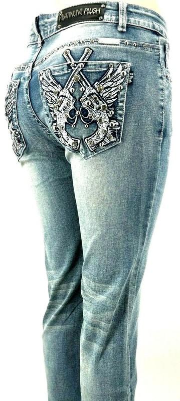 PLATINUM PLUSH LADIES RHINESTONE BLUE DENIM CROSS PISTOLS JEANS STYLE # 4045