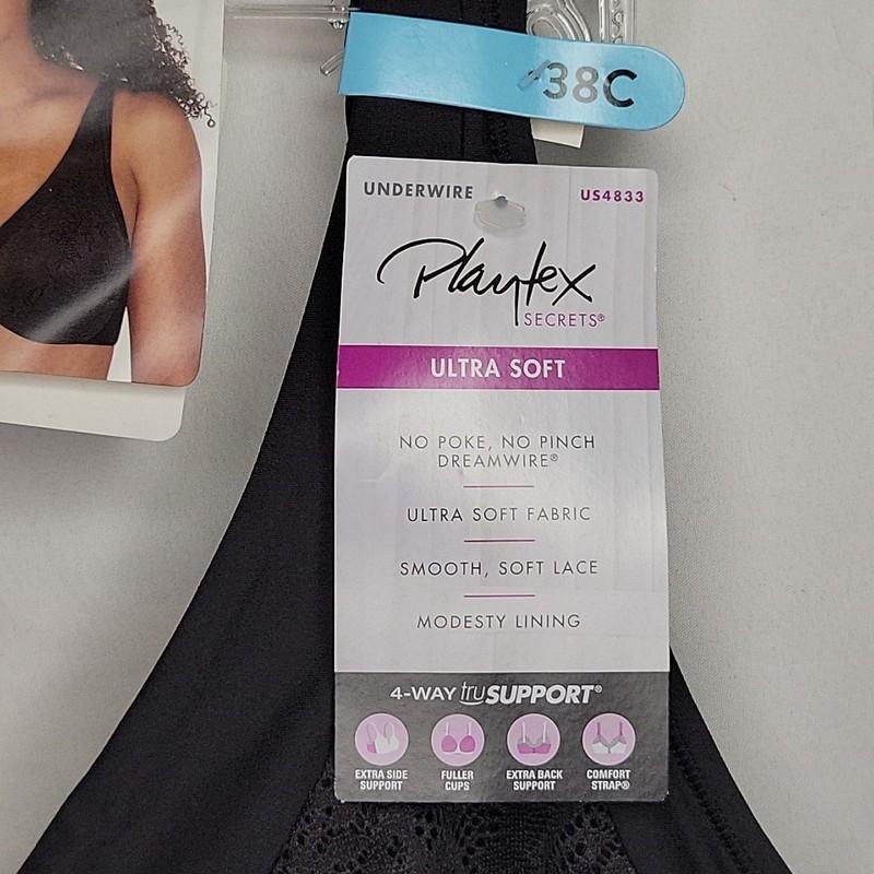Playtex Bra 38C Black Dreamwire Ultra Soft No Poke 4833 New With Tags