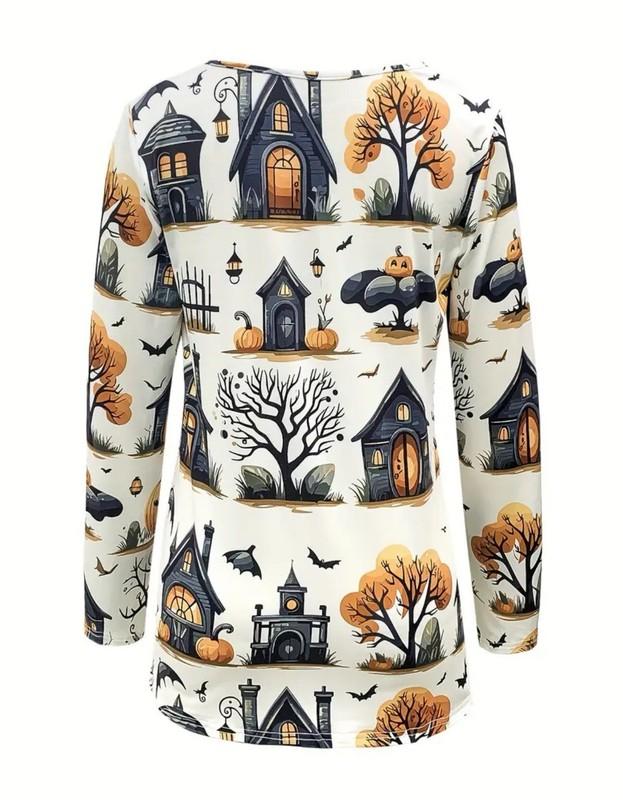 Plus 18 1XL Halloween 1/2 Zip Blouse Haunted House Orange Black White