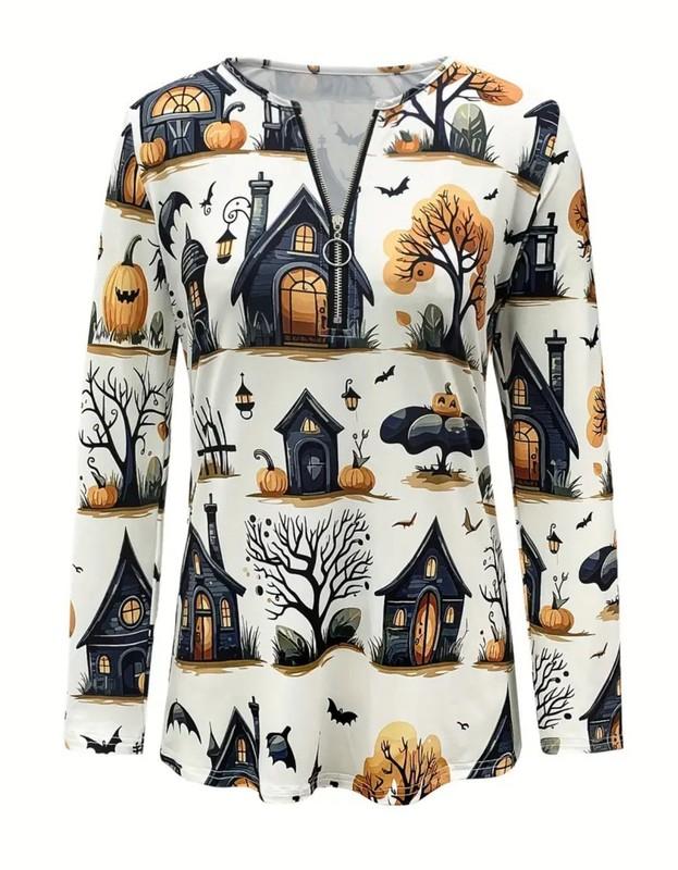 Plus 18 1XL Halloween 1/2 Zip Blouse Haunted House Orange Black White