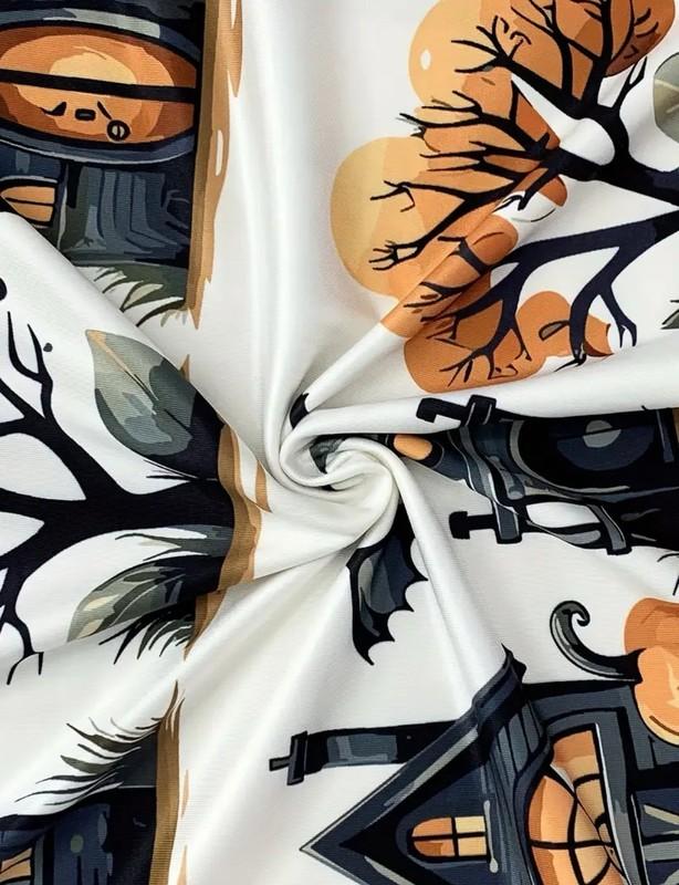 Plus 18 1XL Halloween 1/2 Zip Blouse Haunted House Orange Black White
