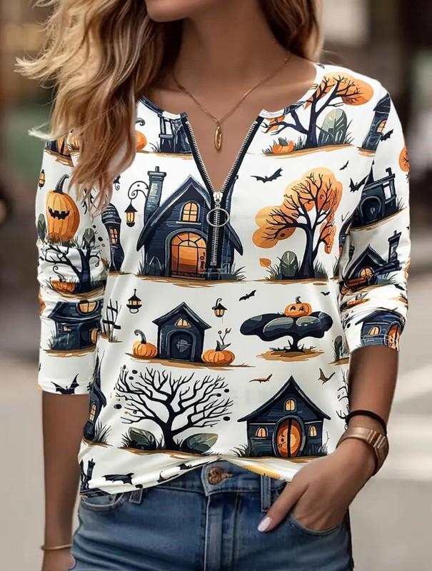 Plus 18 1XL Halloween 1/2 Zip Blouse Haunted House Orange Black White