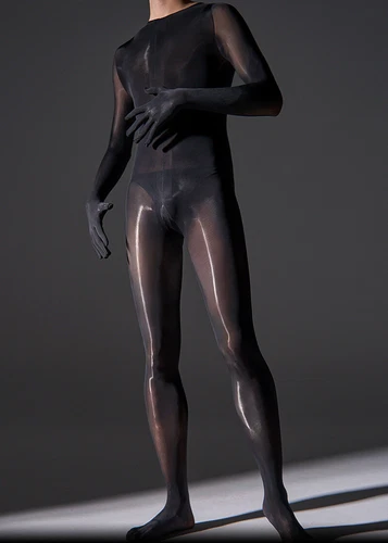 Plus Men 8D Oil Shiny Full Bodystocking Transparent Jumpsuit W Gloves Hood /TOES