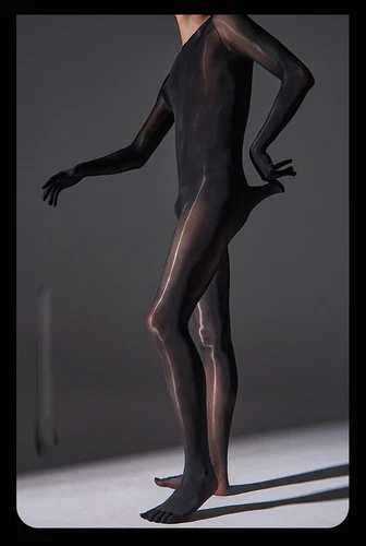 Plus Men 8D Oil Shiny Full Bodystocking Transparent Jumpsuit W Gloves Hood /TOES