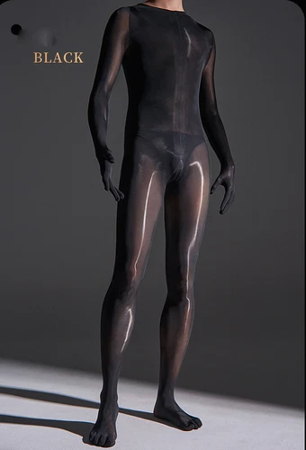Plus Men 8D Oil Shiny Full Bodystocking Transparent Jumpsuit W Gloves Hood /TOES