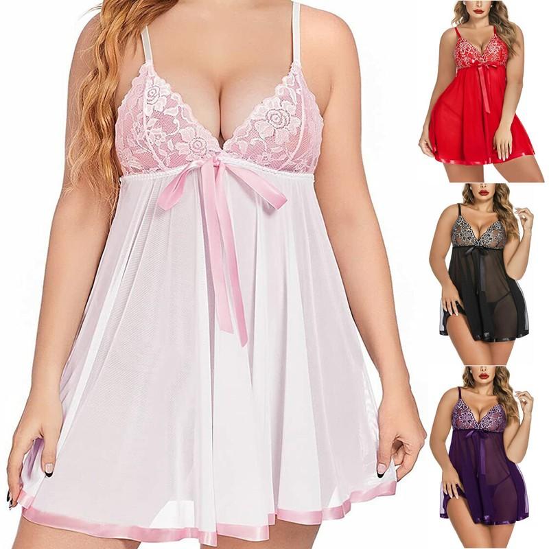 Plus Size M-4XL Womens Sexy Lace Lingerie Robe Babydoll Dress Sleepwear Pajamas