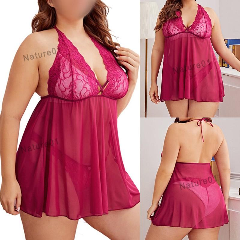 Plus Size Sexy Women's Lace Lingerie See-Thru Nightwear G-string Sleepwear Dress