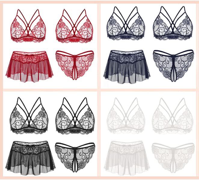 Plus Size Women's Crotchless Lingerie Lace Bralette Mini Skirt G-String Babydoll