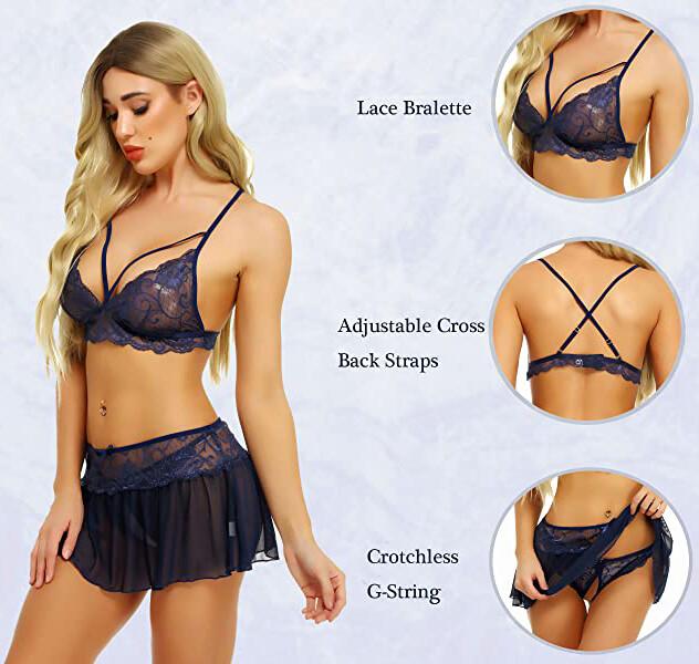 Plus Size Women's Crotchless Lingerie Lace Bralette Mini Skirt G-String Babydoll