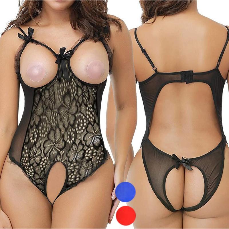 Plus Size Women Sexy Lingerie Lace Nightwear Open Cup One-Piece Bodysuit Nightie