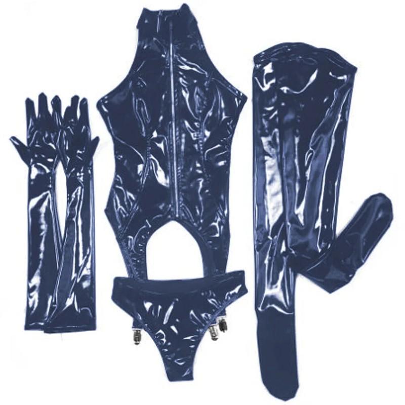 Plus Size Women Shiny PVC 4 Pcs Bodysuit Bodycon Sexy Lingerie Set Shiny Catsuit
