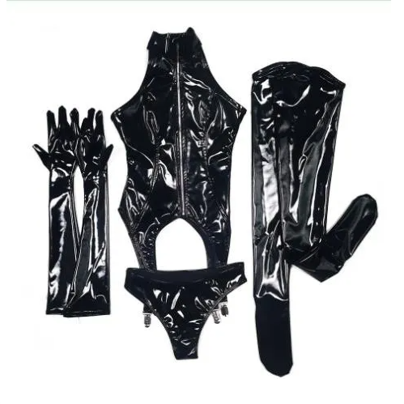 Plus Size Women Shiny PVC 4 Pcs Bodysuit Bodycon Sexy Lingerie Set Shiny Catsuit