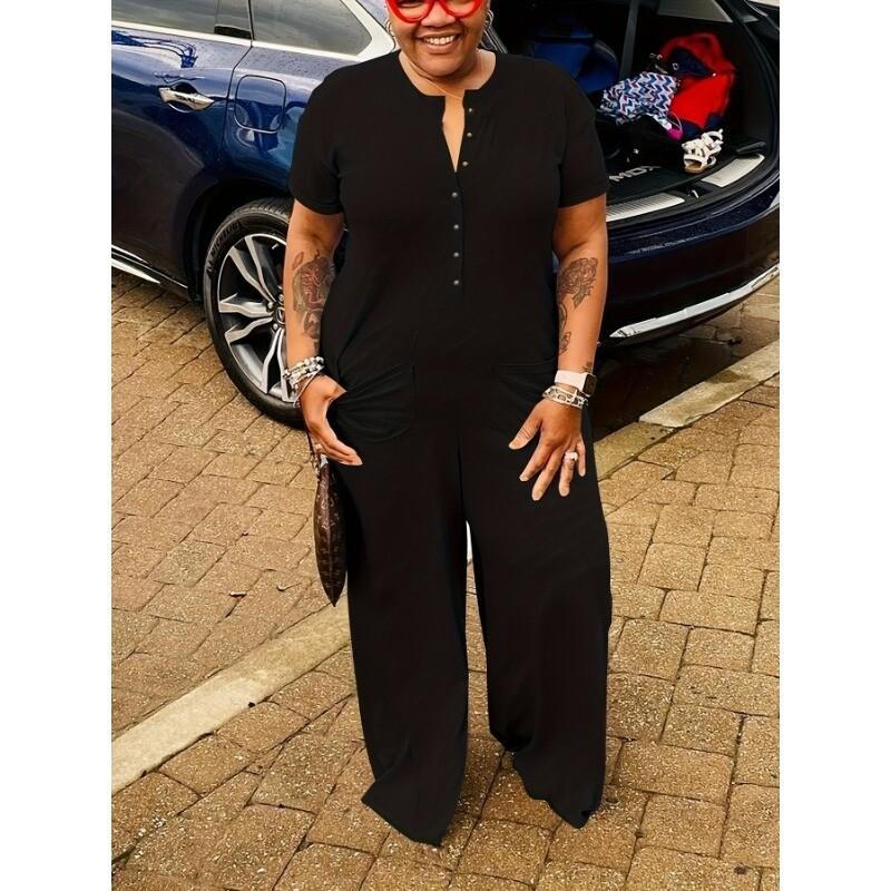 Plus Size Women Short Sleeve Loose Casual One Piece Button Up Wide Leg Jumpsuits