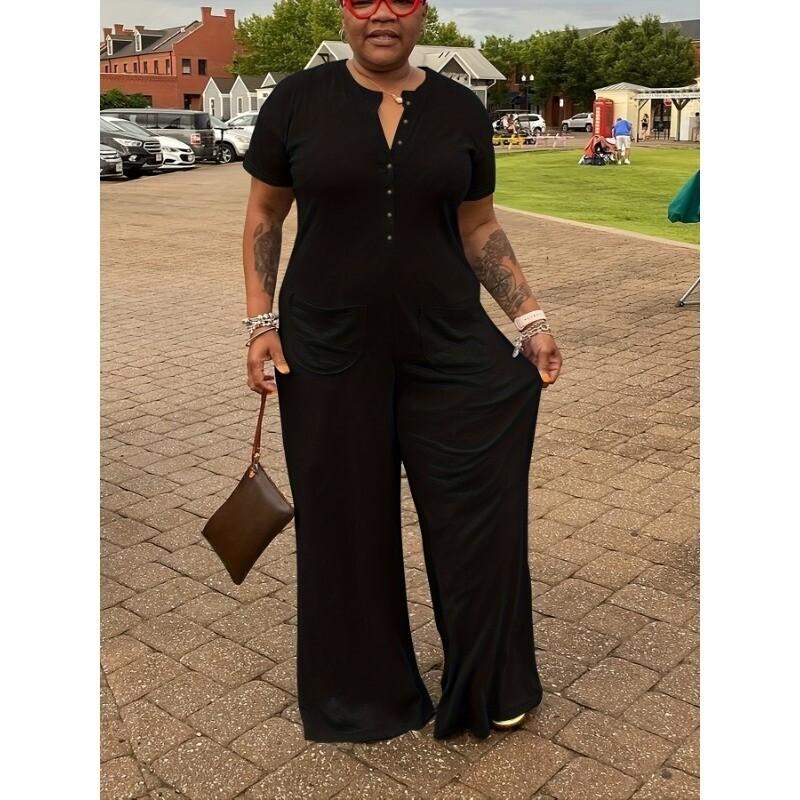 Plus Size Women Short Sleeve Loose Casual One Piece Button Up Wide Leg Jumpsuits