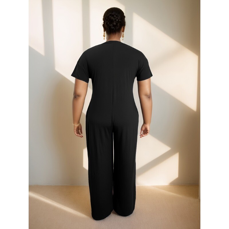Plus Size Women Short Sleeve Loose Casual One Piece Button Up Wide Leg Jumpsuits