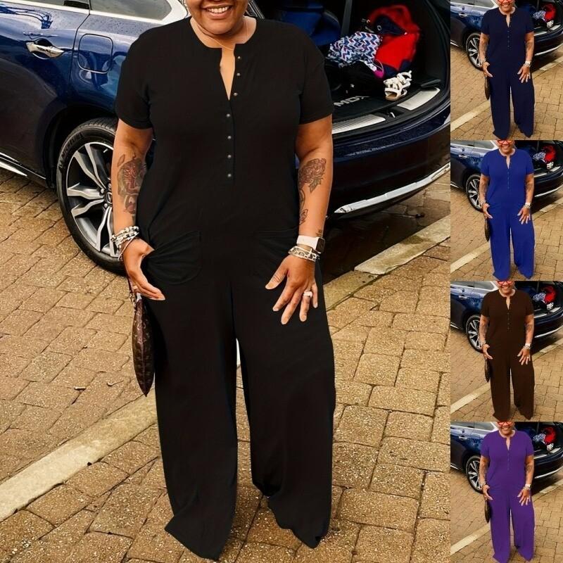 Plus Size Women Short Sleeve Loose Casual One Piece Button Up Wide Leg Jumpsuits