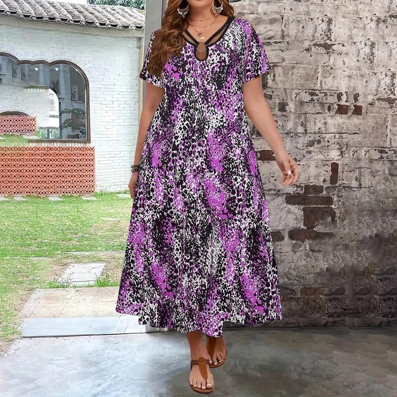 Plus Size Womens Leopard V-Neck Long Maxi Dress Summer Holiday Beach Sundress