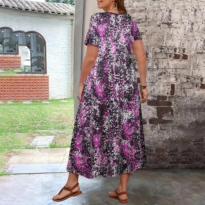Plus Size Womens Leopard V-Neck Long Maxi Dress Summer Holiday Beach Sundress