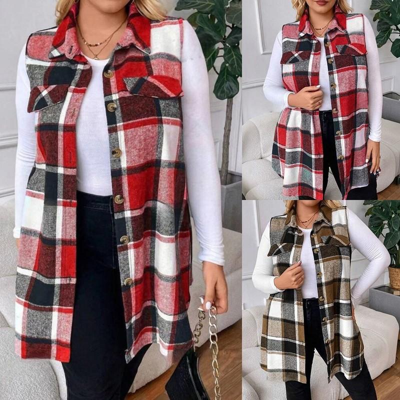 PLUS SIZE Womens Plaid Fleece Vest Coat Jacket Ladies Thermal Waistcoat Cardigan