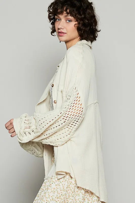 POL Clothing Openwork Lantern Sleeve Button Down Gauze Womens Shirt