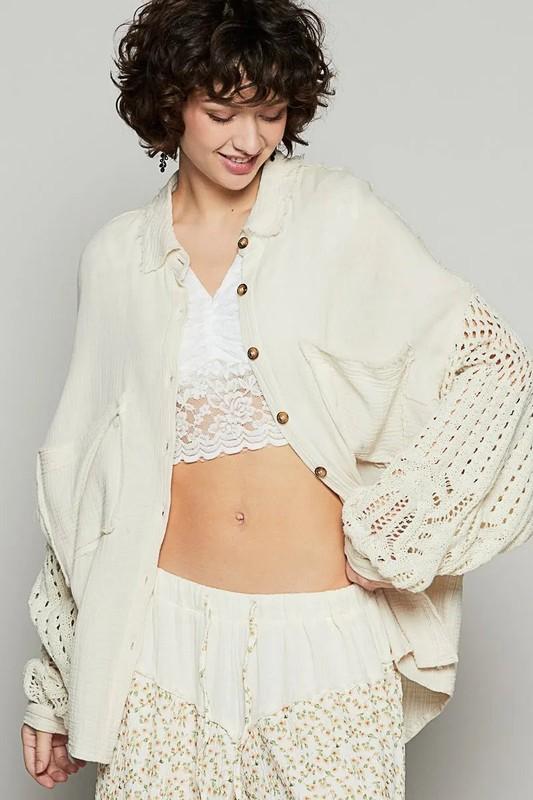 POL Clothing Openwork Lantern Sleeve Button Down Gauze Womens Shirt