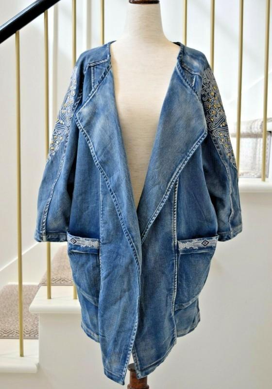 POL Studded Embroidered Faded Navy Blue 3/4 Sleeve Denim Jacket Sz S & M *NEW*