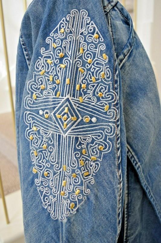 POL Studded Embroidered Faded Navy Blue 3/4 Sleeve Denim Jacket Sz S & M *NEW*