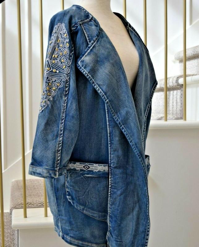 POL Studded Embroidered Faded Navy Blue 3/4 Sleeve Denim Jacket Sz S & M *NEW*