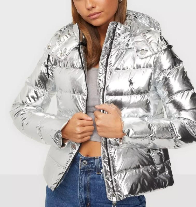 POLO RALPH LAUREN WOMENS JACKET PUFFER -M- SILVER FOIL QUILTED HOODIE DOWN PONY